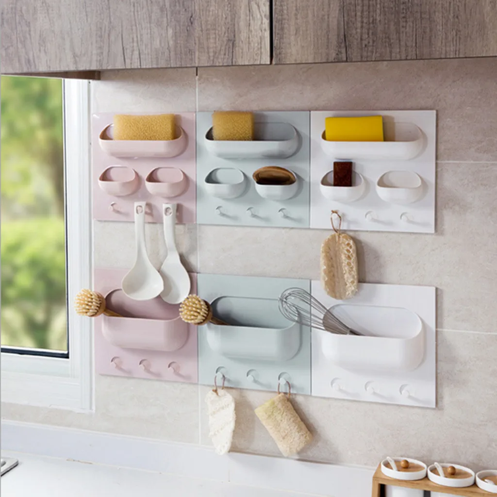 Multi-function Kitchen Strong Paste Rack Kitchen Bathroom Plastic Storage Rack Wall Mounted Kitchen Rack Space Saving Shelves Multi-function Kitchen Strong Paste Rack Kitchen Bathroom Plastic Storage Rack Wall Mounted Kitchen Rack Space Saving Shelves