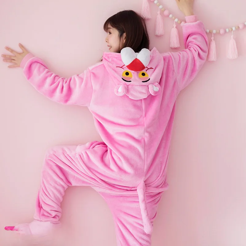 Kigurumi Long Sleeve Hooded Pink Panther Onesie Women Cute Animal Homewear Onesies For Adults 