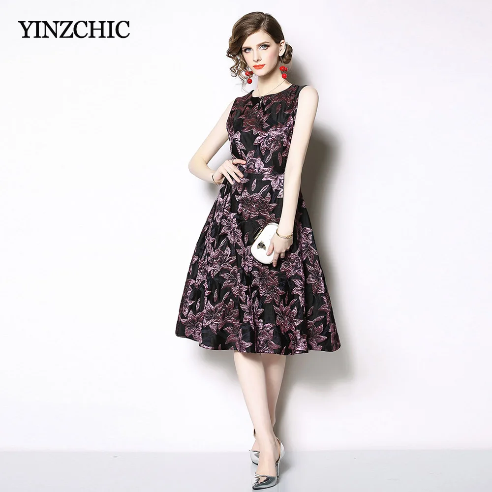 

office lady floral jacquard dresses new spring sleeveless female street a-line dress o-neck ladies elegant party dresses casual
