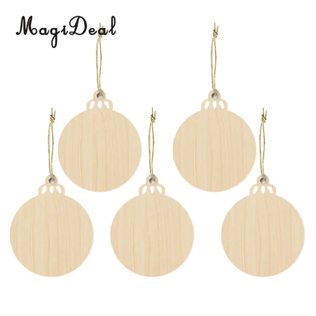 MagiDeal 5 PCS Wood Christmas Tree Kids Crafts Hanging Ornament decorated with stains inks paint with String for Xmas Decoration