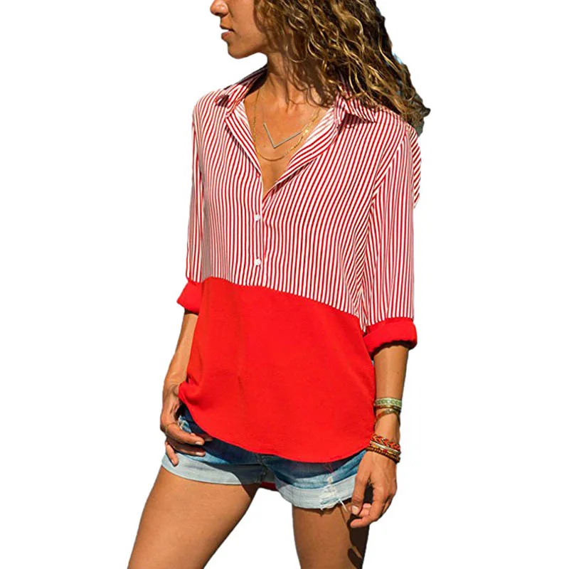 

2019 Autumn Loose Solid Multicolor Striped Shirt Turn Down Collar Blouse Women Mid-sleeve Top Casual Slim-type Blouse Hot Blusas