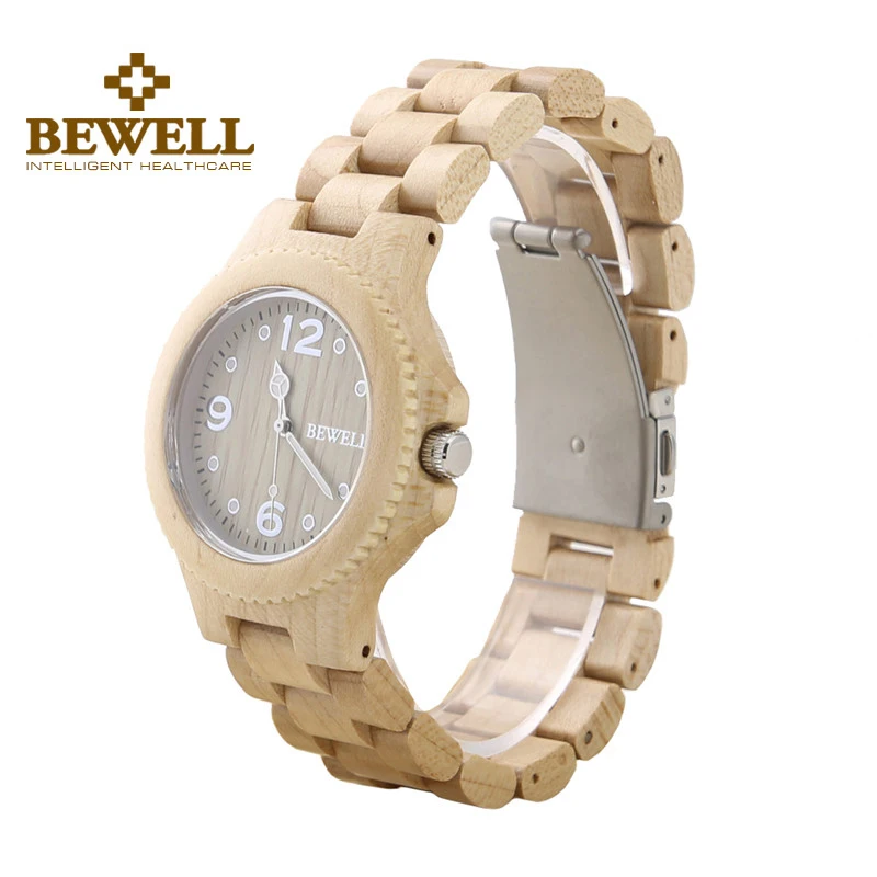 

BEWELL Men Women Natural Ebony Wood Watch Folding Clasp Burlywood Watch Unisex Fashion Japanese Quartz Movement Wristwatch 038A