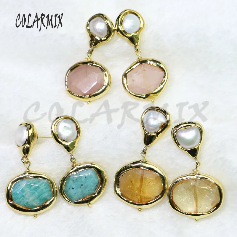 

3 Paris Wholesale earrings gold color plated Cat eye earrings Mix color stone earrings gift for lady stone earrings 9146