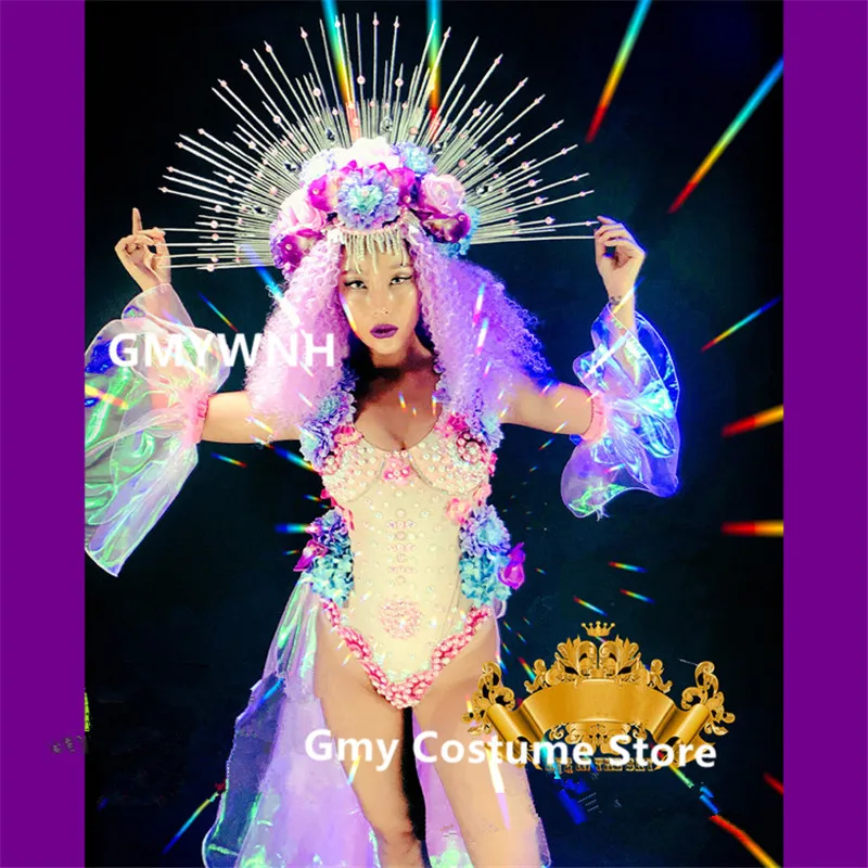 

K49 Flower pearl headdress singer sexy prom stage costumes models wears bodysuit female jumosuit performance outfit dress cloth
