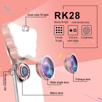 

RK28 Led Selfie Flash Light Beauty Fill Light With Fisheye Wide Angles Macro Lens 9 modes Butterfly shape Rechargeable For Phone