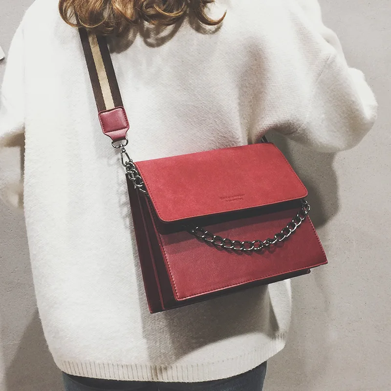 

Fashion Chains Handbags Casual Pu Crossbody Bag For Women Stripe Width Belt Flap Bag Lady Large Capacity Shoulder Messenger Bag
