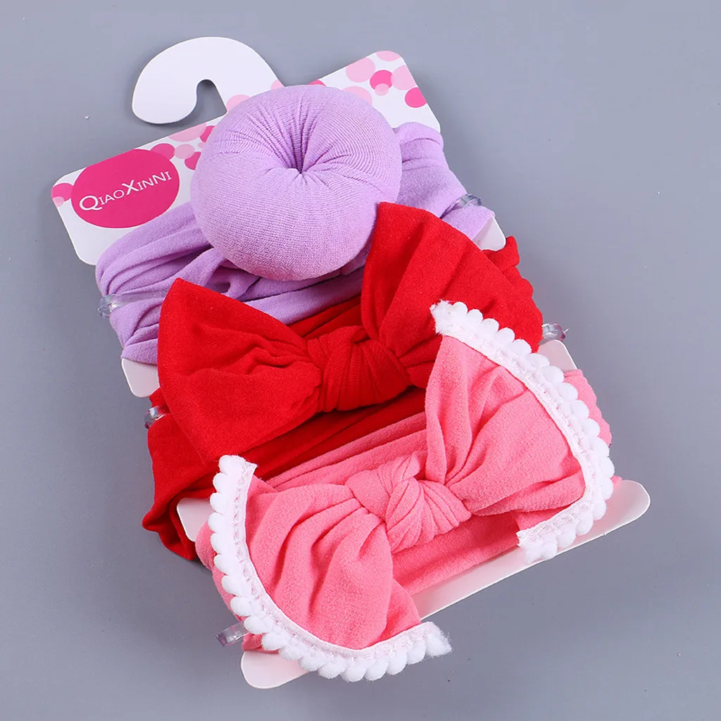 Детская Цветочная повязка на голову для новорожденных девочек, 3 предмета, эластичная чалма с бантиком, повязка на голову, аксессуары, набор для волос