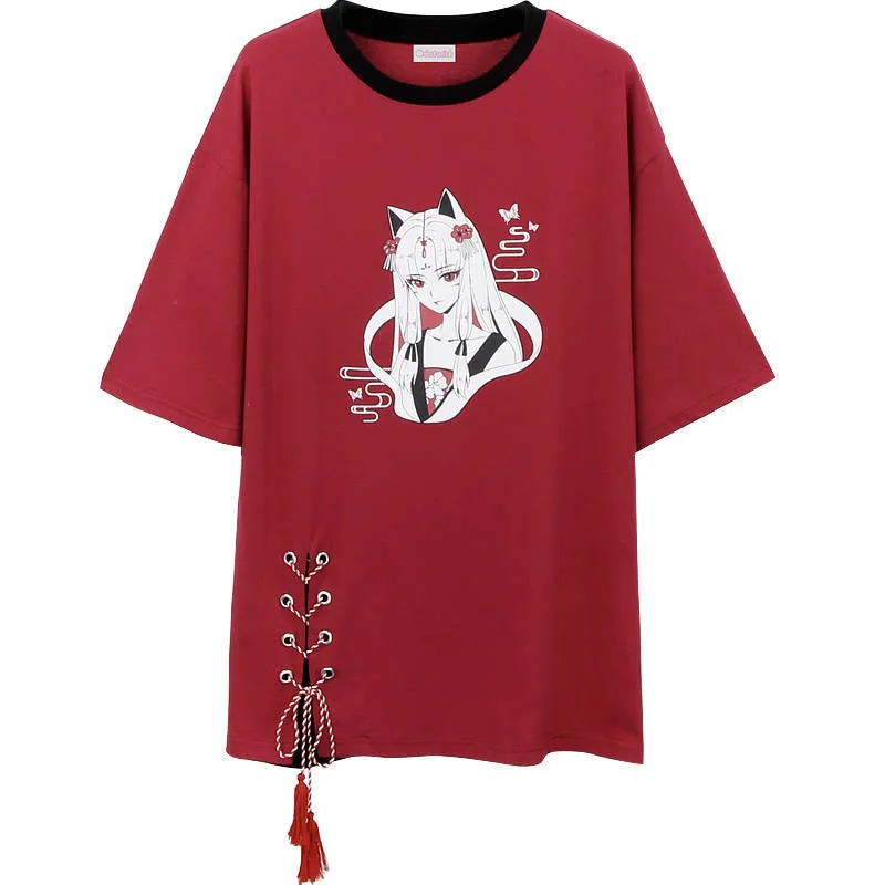 Harajuku, длинная футболка для женщин, свободные топы, кавайный принт, Одежда для танцев, женские японские топы, летняя футболка с рисунком, уличная одежда для девочек - Цвет: Красный