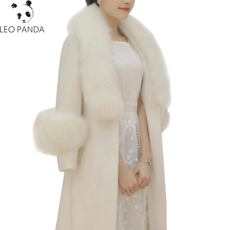 

2019 Fashion Slim Women White Cashmere Coat Fake Fox Fur Collars Wool Jacket Plus Size Long Trench Coat Winter Female Overcoats