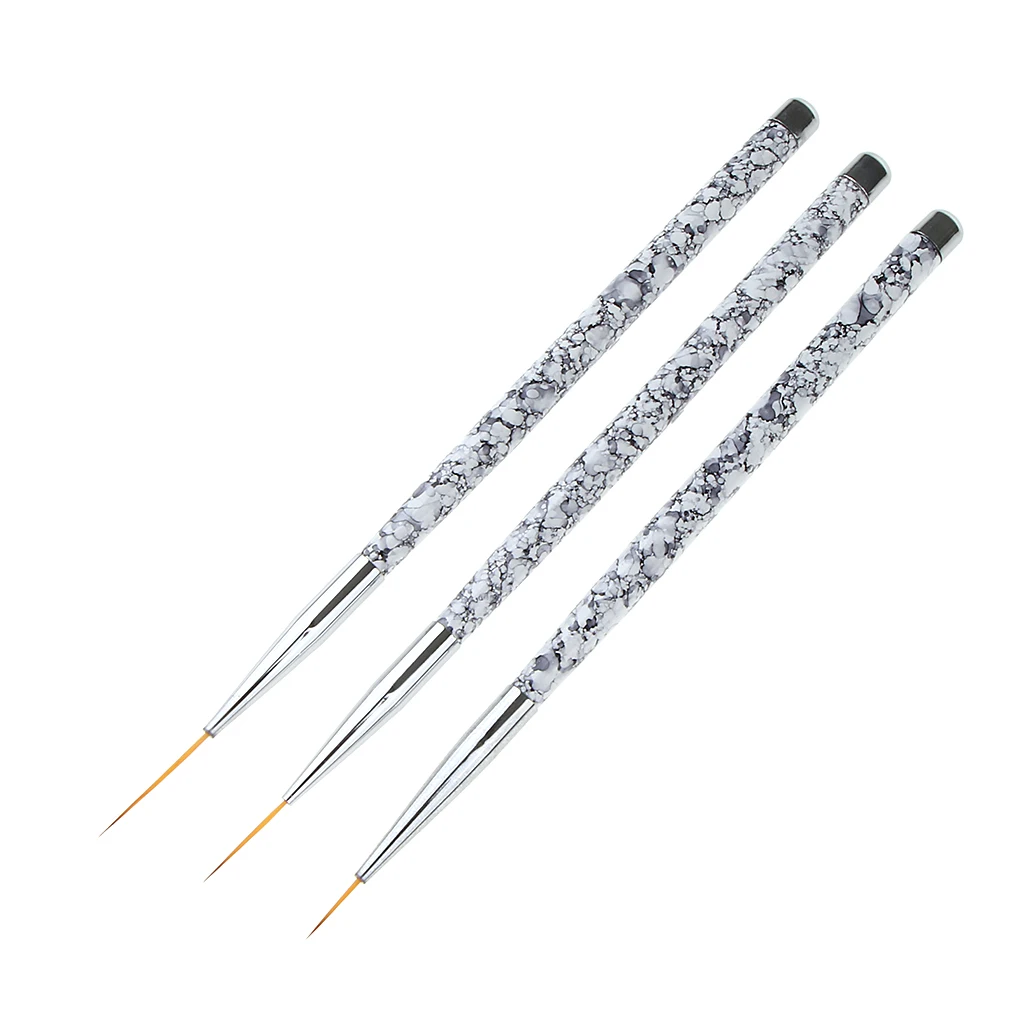 3Pcs Nail Art Liner Brush Pen Set (11/15/20mm) Marble Pattern Handle Salon Nail Fine Drawing Flower Painting Brushes