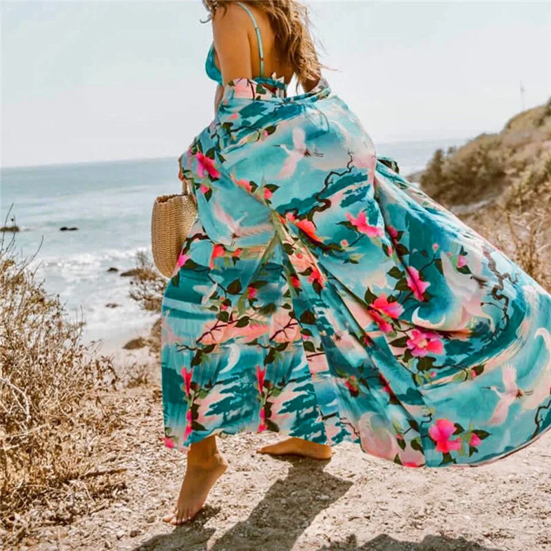 

Vintage Print Summer Kimono Cardigan Boho Loose Long Summer Beach Bikini Cover Ups 3/4 Sleeve Swimwear Women Blouse Beachwear