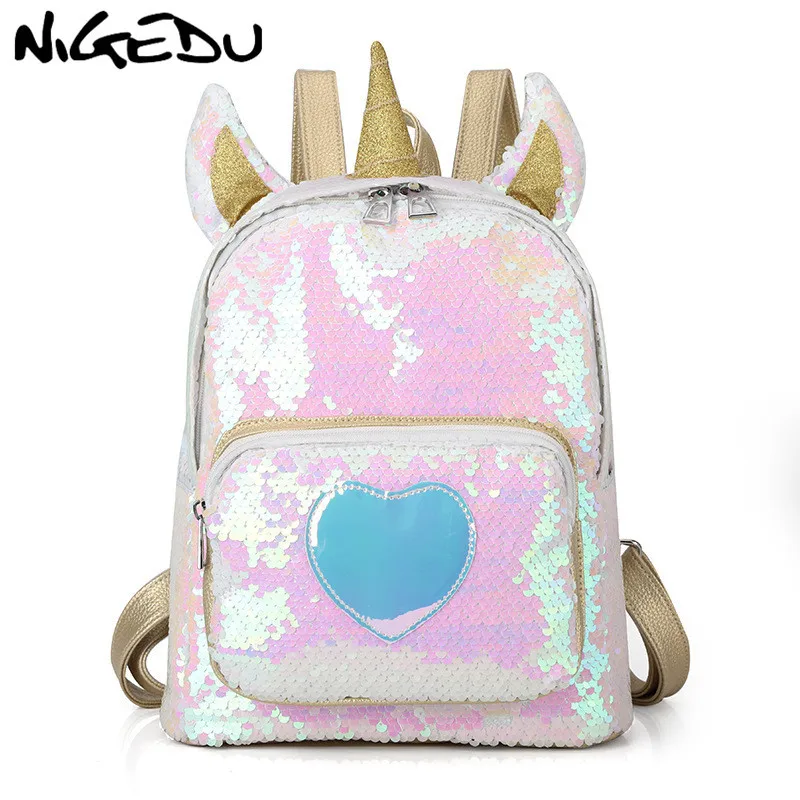 

Fashion Sequin women Backpack Cartoon Unicorn backpack for girls kids school bag Cute Hologram Laser PU Leather Travel Mochila