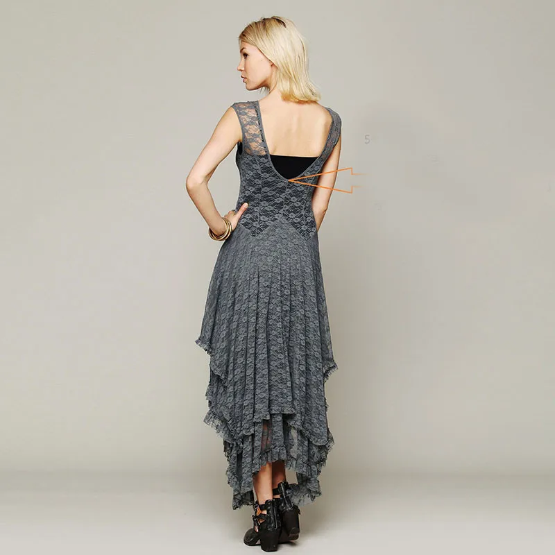 Ahmagen Sexy Irregular Lace Dress Women Hollow Out Elegant Party Dresses Backless Pleated Long Maxi Skater Dress Summer Beach Wear 201703