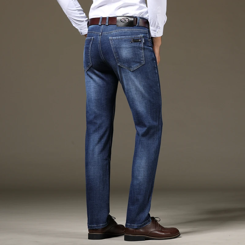 Осенние мужские джинсы, модные прямые джинсы, Классическая одежда, эластичные свободные джинсы, мужские деловые повседневные длинные брюки