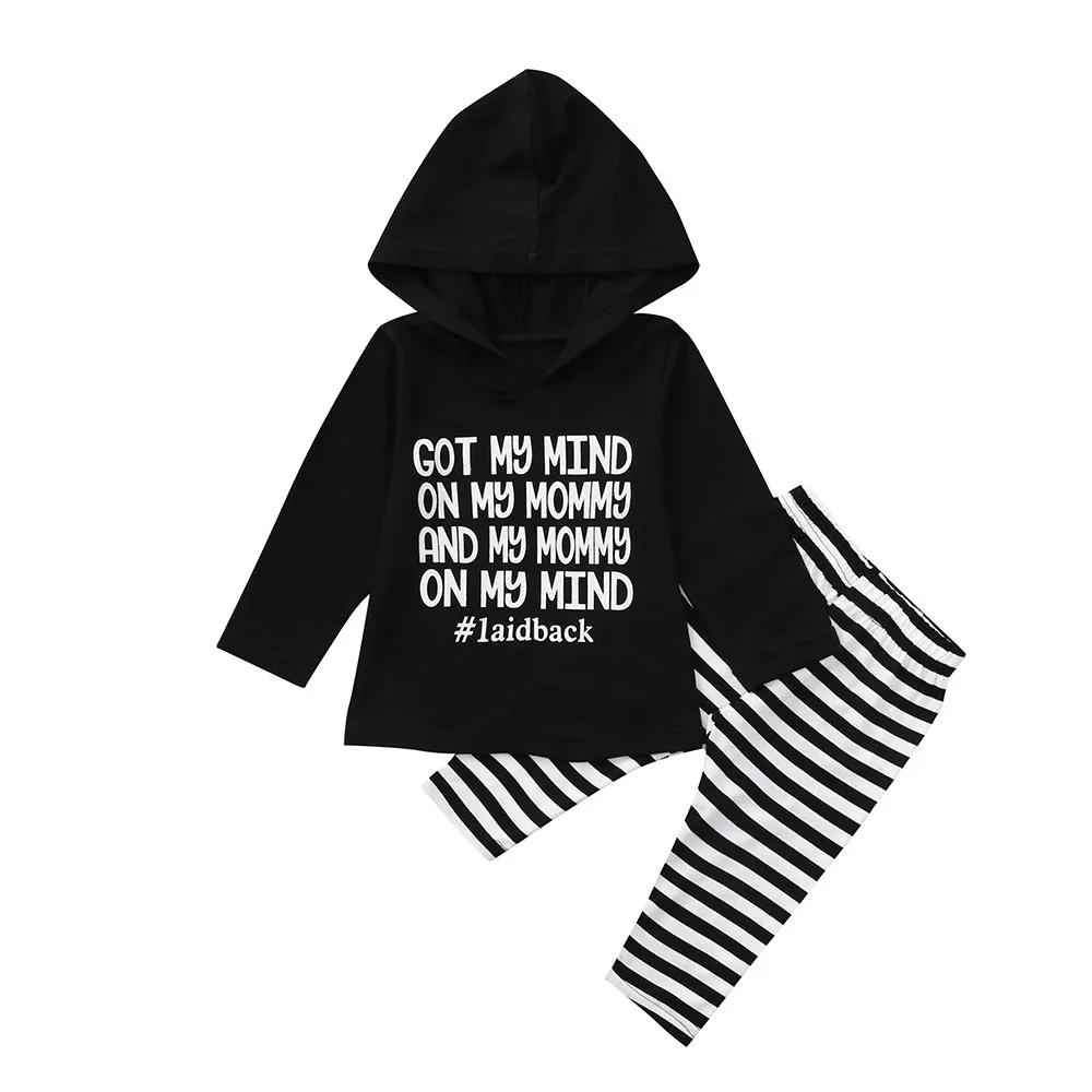 black Black and white spacer Casual Long Sleeve Newborn Infant Baby Boy Letter Tops Hooded Stripe Pants Outfits 2Pcs Clothes Set