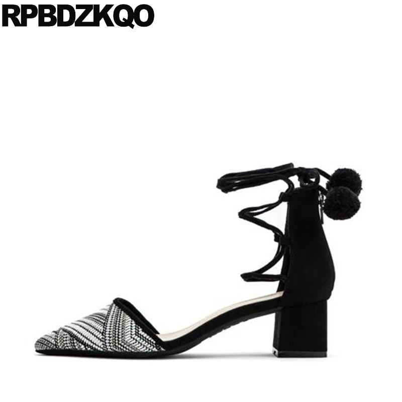

Pointed Toe Pumps Tie Up Strappy Sandals Zipper Chunky Multi Colored Suede Pom Poms Medium Heels Women Ankle Strap Dress Shoes