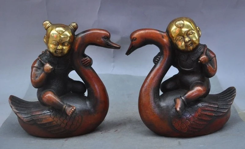 

6" Lucky Chinese bronze gilt Auspicious Boy Girl Ride Swan Cygnus Statue Pair