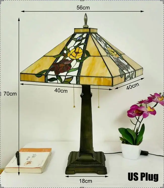 56 см настольная лампа Тиффани Роза абажур спальня оригинальная прикроватная лампа винтажная ресторанная квадратная настольная лампа - Цвет абажура: US Plug