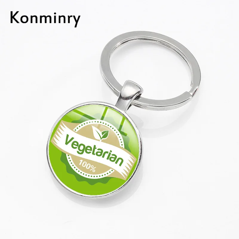 

Konminry Fashion 100% Vegan Logo Keyrings Handmade Round Glass Pendant Key Chains Holder Women Men Vegetarian Gift Keychains
