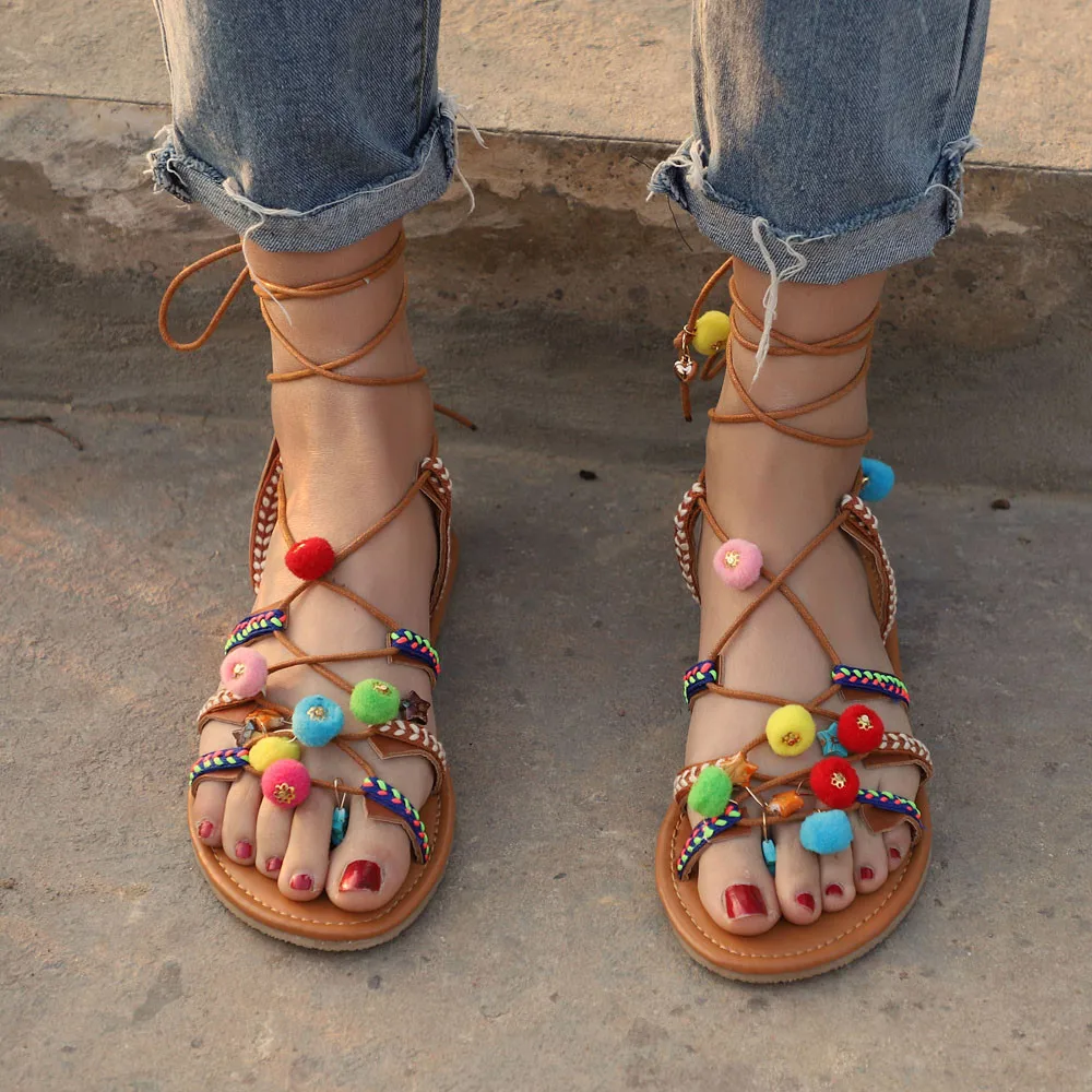 

2019 Bohemia Sandals Gladiator Leather Sandals Flats Shoes Pom-Pom Sandals For Ladies
