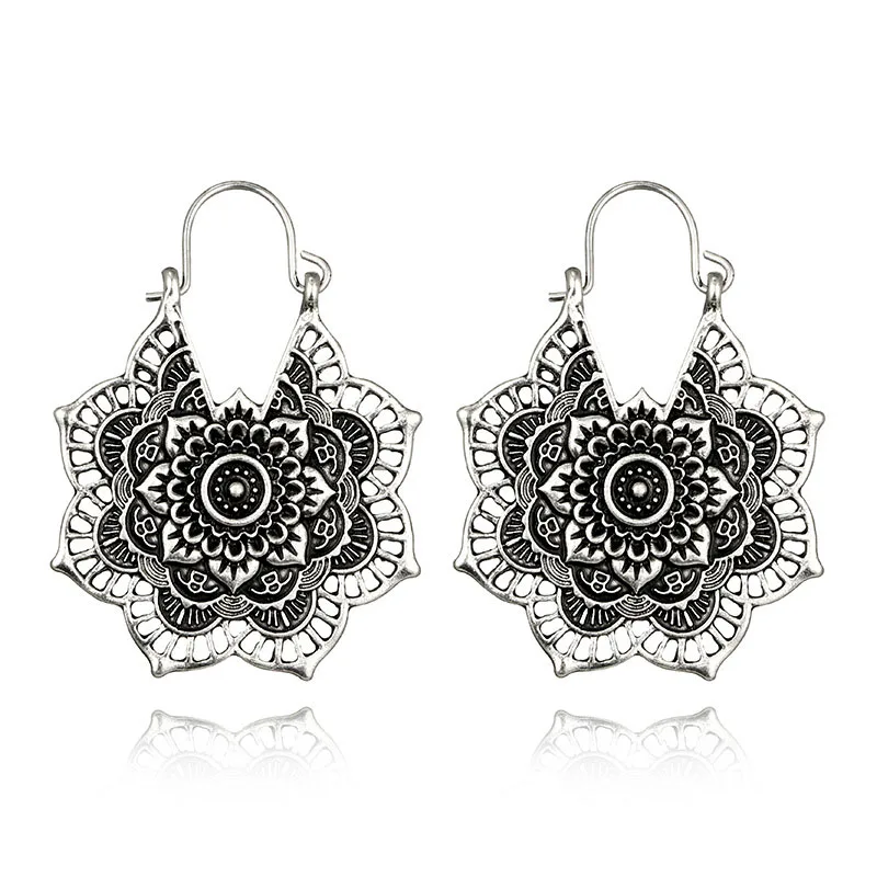 POHOUR Antique silver Gypsy Indian Tribal Ethnic Hoop Drop Dangle Mandala Earrings Boho - Окраска металла: Style4