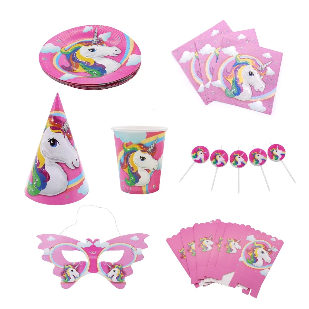

Birthday partyunicorn decorations napkin ,candle ,paper cup ,hat ,plate ,mask pink romantic unicorn wedding decorations supplies