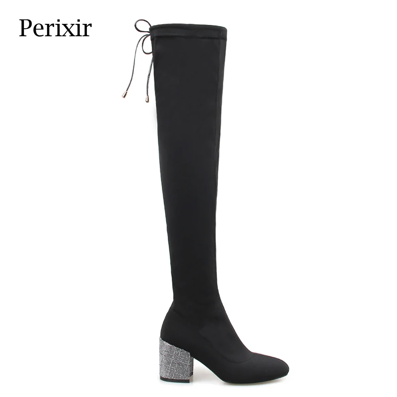 

Perixir Women Lycra Over the Knee Boots Slip-on Pointed Toe 7.5 CM Heels with Crystal Fashion Boots Solid Black Shoes High Boots