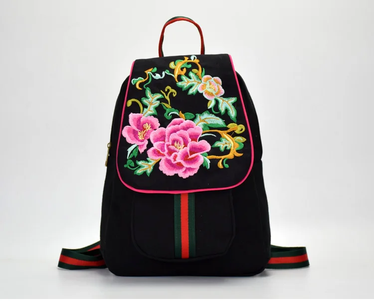 Для женщин рюкзак с цветочной вышивкой холст плеча Сумка для студента для подростков Черный Дорожные сумки Mochilas Рюкзак Школьные сумки