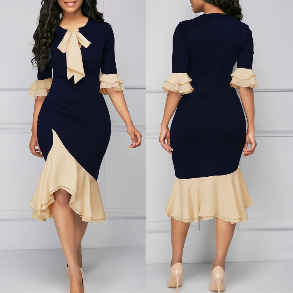 

2018 Fashion Tie Neck Frill Hem Flare Cuff Sheath Dress