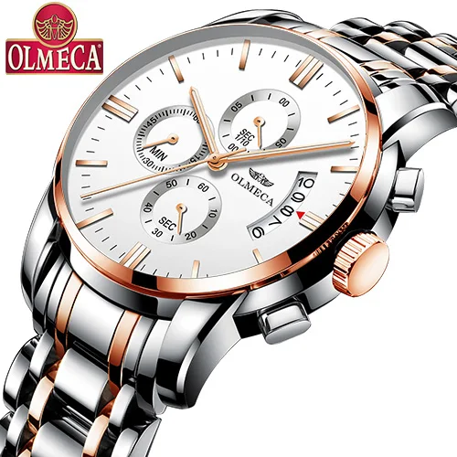 OLMECA часы для мужчин модные повседневные спортивные часы Relogio Masculino хронограф светящийся Водонепроницаемый Бизнес relojes кварцевые часы - Цвет: Rose gold White