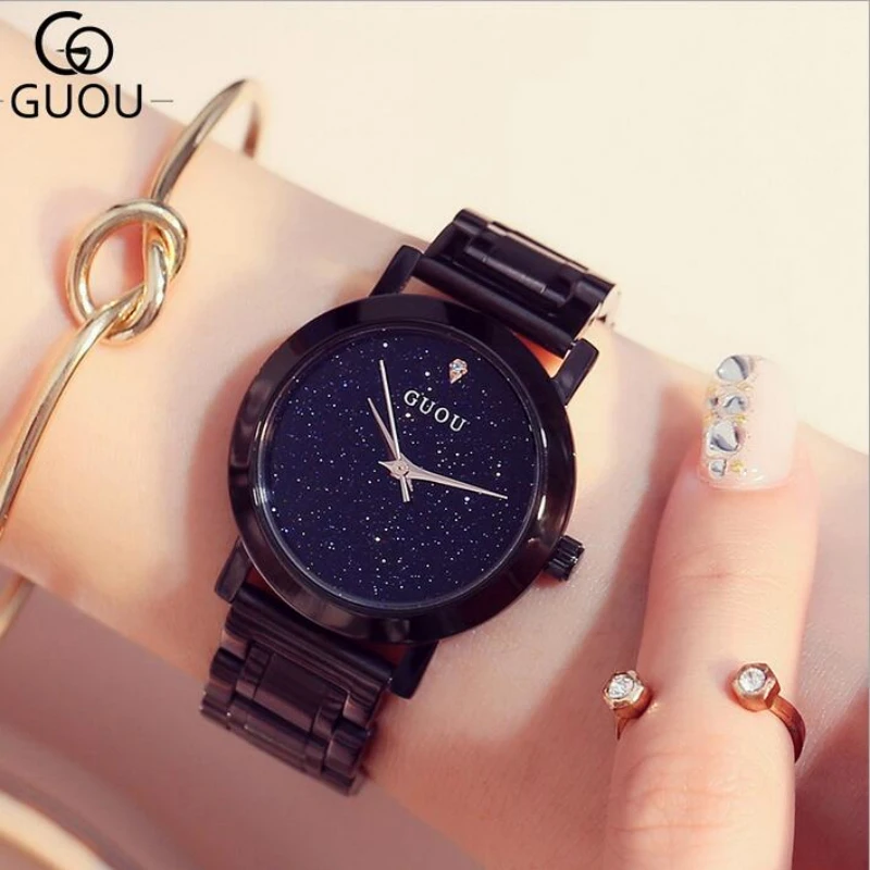 

GUOU Watch Luxury Brand Diamond Quartz Women Watches Rhinestone Ultra Thin Black Stainless Steel Watch Clock relogio feminino