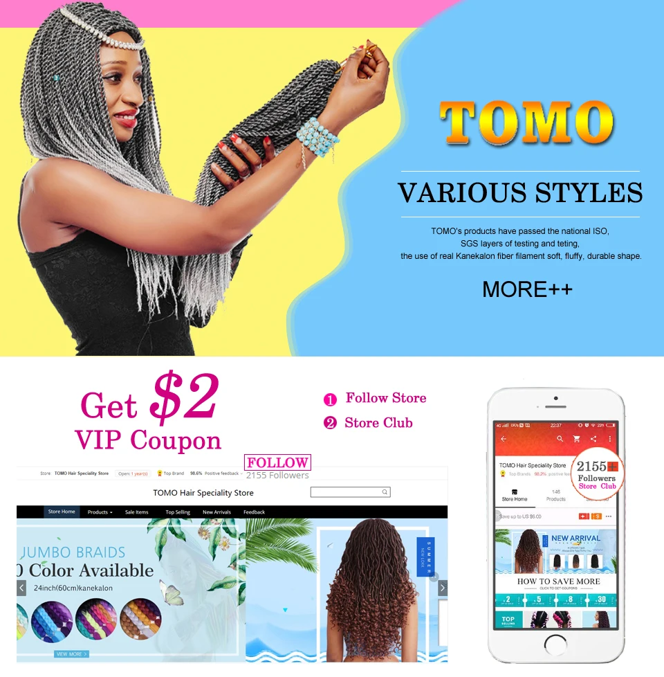 TOMO 24Inch 30Roots Small Crochet Braids Hair Senegalese Twist Ombre Synthetic Colored Braiding Hair Extensions Crochet Hair