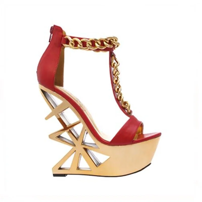 

2018 newest stylish fretwork heel woman dress sandals peep toe high heel metal electro-optic woman red sandals metal chain shoes