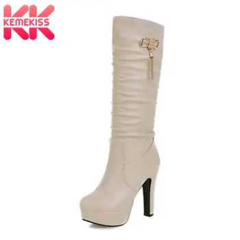

KemeKiss Elegant Women Thick Heel Knee High Boots Pleated Bowtie Bowknot Platform Female Shoes Autumn Winter Botas Size 31-45