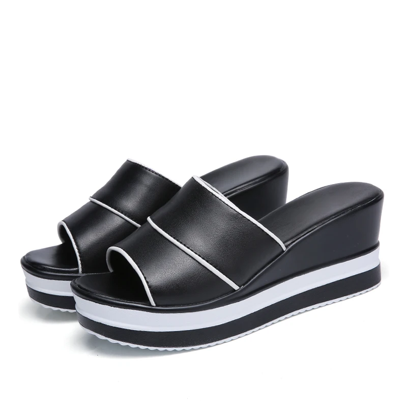 E TOY WORD Summer women slippers genuine leather Open Toe High heel slides Women Wedges slippers black white flip flops sandals