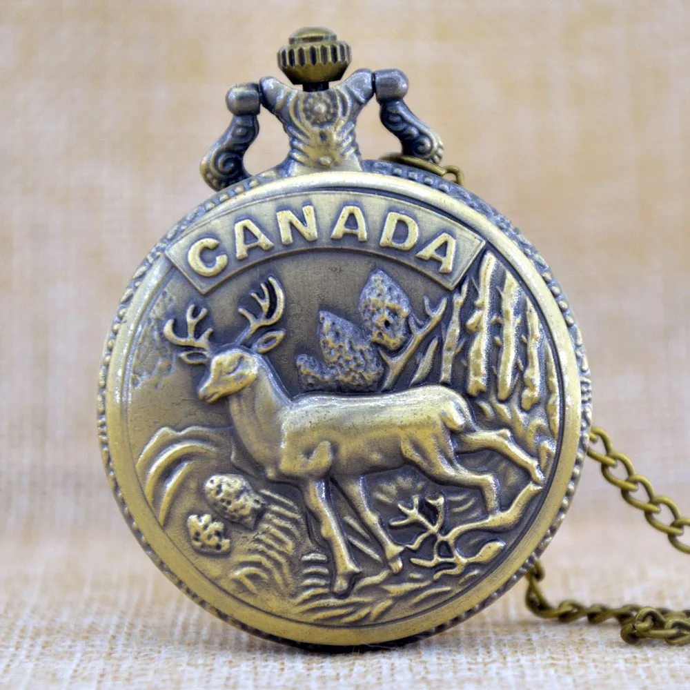 Antique Bronze Canada The Canadian red deer elk Quartz Pocket Watch