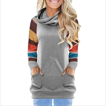 

2018 Multicolor Stripe Raglan Sleeve Black Cowl Neck Sweatshirt Women Hooded Collar Drawstring Long Sleeve Cheaply Wholesale