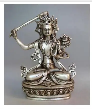 

decoration white Copper silver factory Elaborate Buddhism Handwork Tibetan Silver Manjushri Bodhisattva Buddha Statue Sculpture