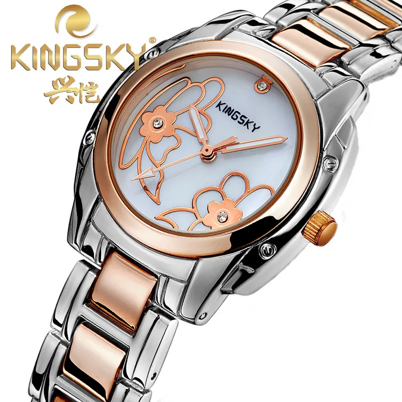 2015 New Movement KINGSKY brand Flower Quartz Watches Women Stainless Steel Case Wristwatch Dress Watch relojes