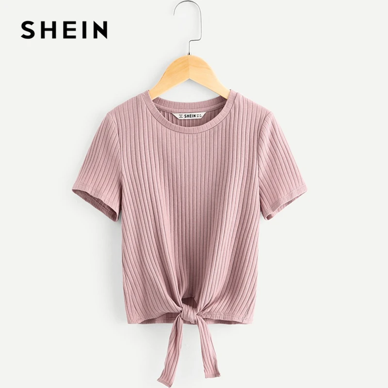 

SHEIN Kiddie Pink Solid Ribbed Knit Knot Hem Casual Girls Tee Teenager Tops 2019 Summer Fashion Short Sleeve Cute Kids T-Shirt