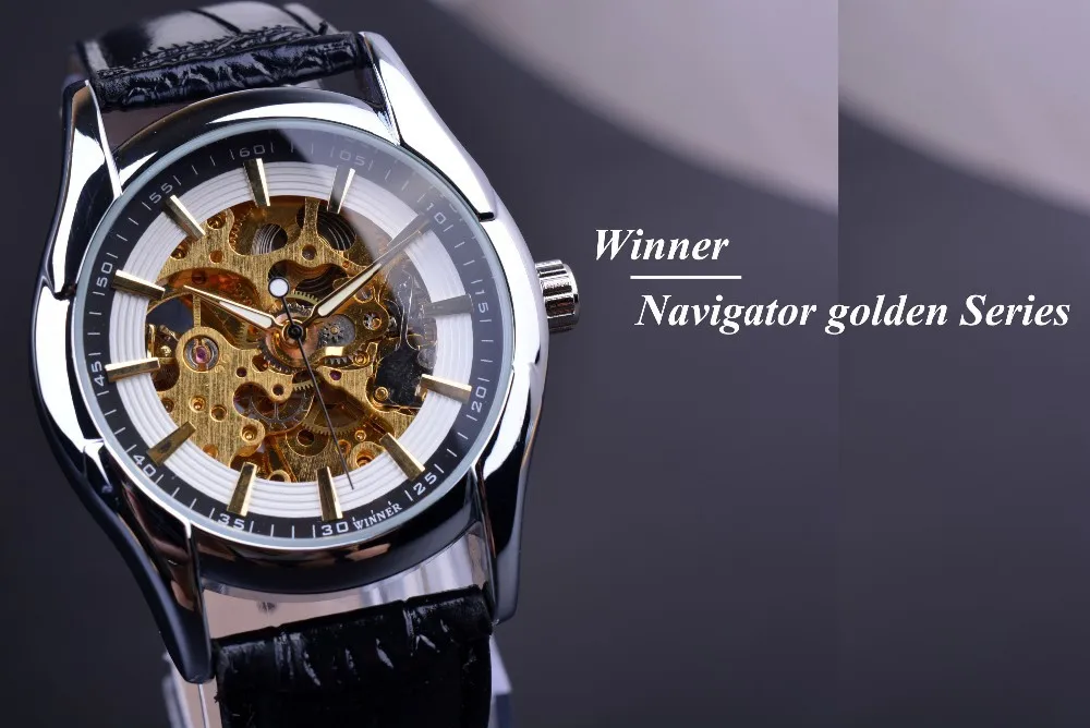 Winner серия навигатор Белый Золотой Циферблат Аналоговые horloge Orologio Uomo часы Мужские часы-скелетоны люксовый бренд роскошные часы