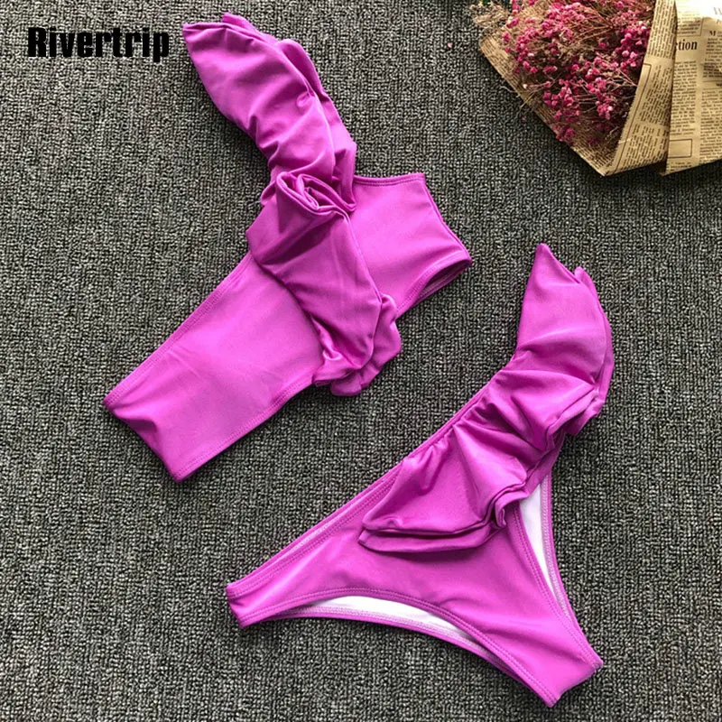 

Rivertrip One Shoulder Bikini Sexy Solid Bathing Suit Women Ruffle Swimwear Women New Separate Female Swimsuit 2019 Biquini
