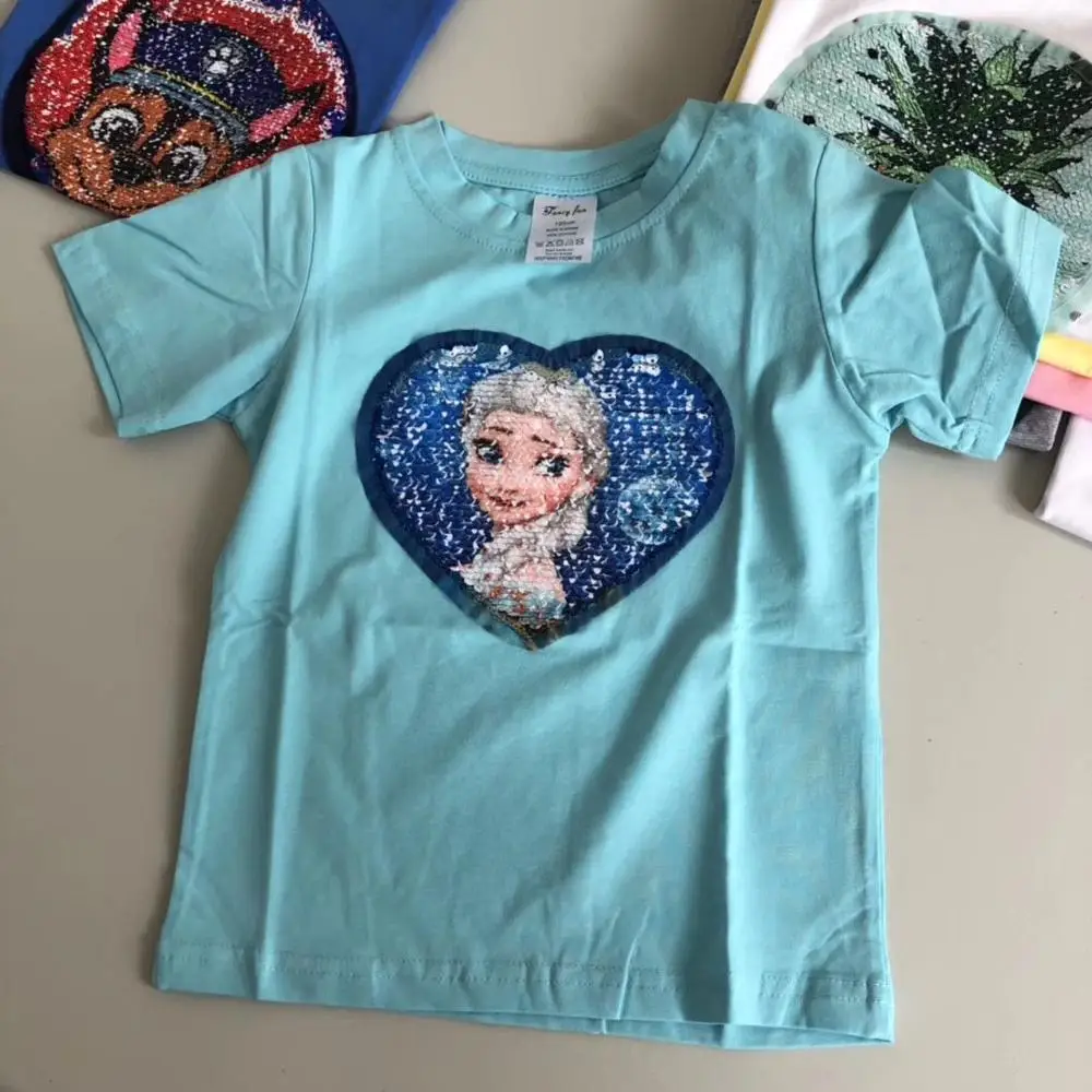 Детская футболка с героями мультфильма «Холодное сердце» и «Эльза»; двухсторонняя хлопковая Футболка с блестками для девочек - Цвет: Синий