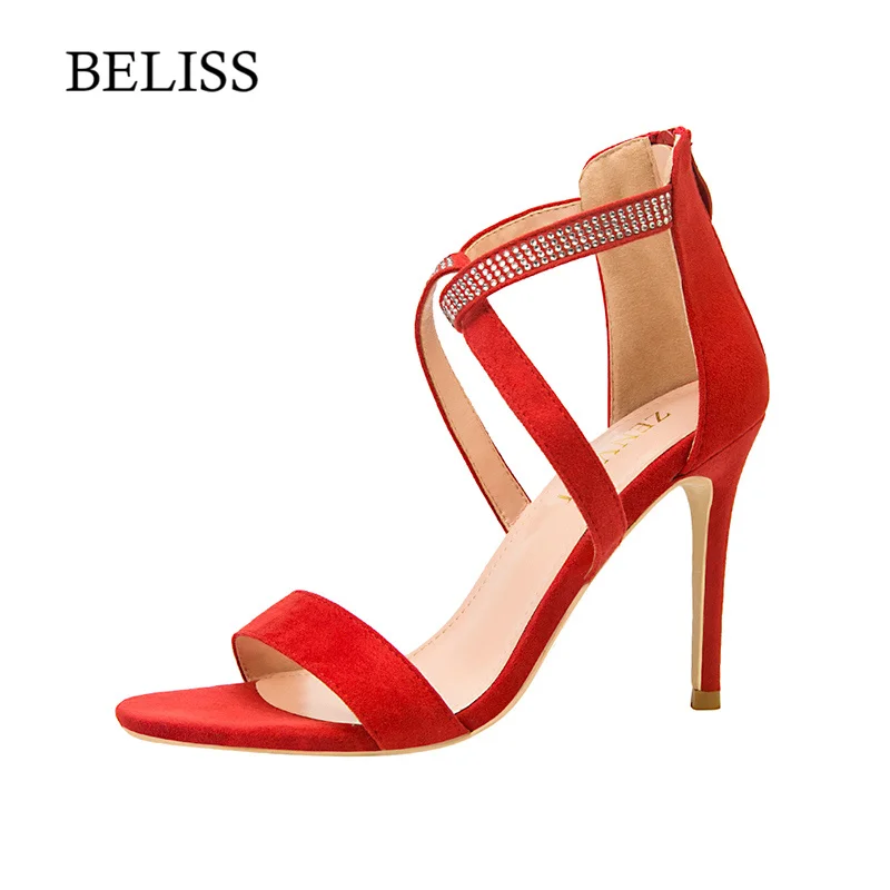 

BELISS 2019 Sexy Summer Women Sandals High Heel Faux Suede Ankle Strap Women Shoes Open Toe Female Party Sandals Rhinestone S88
