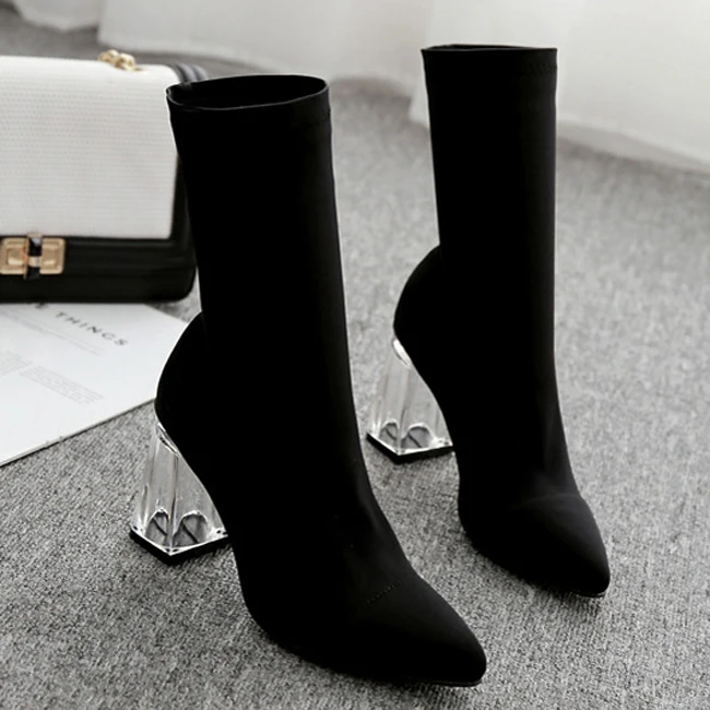 Размер 41, 42; стелька из эластичной ткани; женские прозрачные ботильоны на необычном каблуке; женские зимние ботинки с острым носком; SWE0335