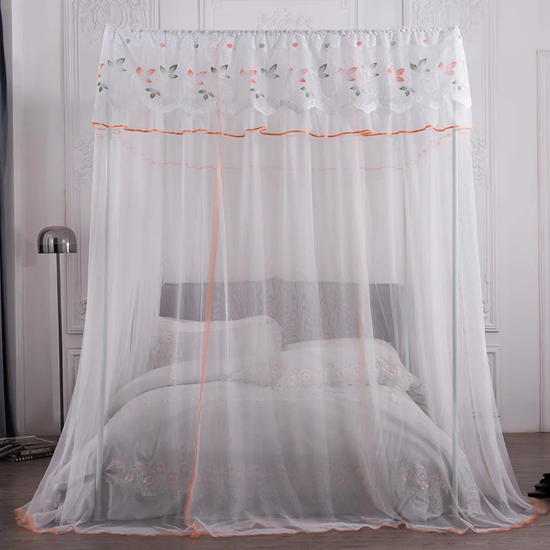 orange Mosquito Net princess Lace Four Corner Post girls Canopy Bed Mosquito Net contain frame for Queen King Bed Drop Shipping