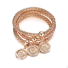 3Pcs Hollow Flower Charms Bracelets Gold Silver Color Popcorn Chain Rhinestone Pendant Bracelet For Women Gift Dropshipping