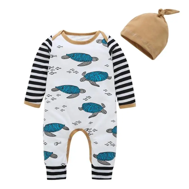

2pcs/Set Newborn Infants Cartoon Tortoise Long Sleeve O-neck Stripe Rompers Hat Suit Baby Girls Boys Clothes Set Baby Rompers