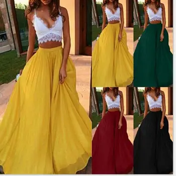 

Women Fashion Skirt Solid Color Elastic Waist Double High Casual, Party Chiffon Long Floor Length Casual Skirt