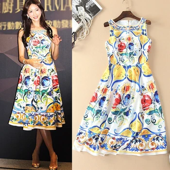 

Top Fashion Summer Women Celebrity Style Unique Printed Sleeveless Bohemian A-line Dresses Runway Slim Tank New Dress